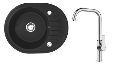 Rund Granitspüle Küchenspüle schwarz 60x47 Einbauspüle Oval+ Armatur, Zubehör