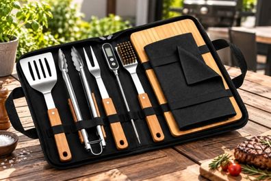 BBQ-First Premium Grillbesteck-Set, 7-teilig mit Tragetasche - Hochwertiges Edelstahl
