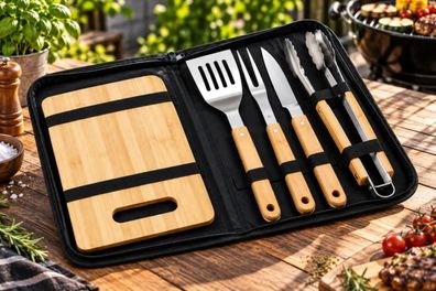 BBQ-First Classic Grillbesteck-Set, 7-teilig mit Tragetasche - Edelstahl Grillzubehör