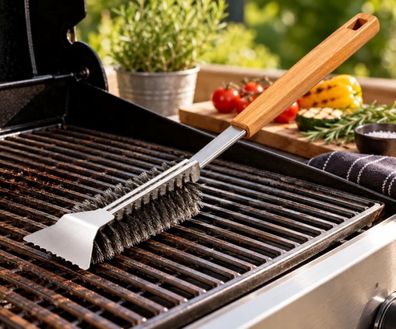 BBQ-First Grillreinigungsbürste mit Holzgriff - Edelstahl Grillbürste zur Grillrost-R