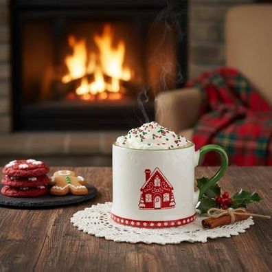 Weihnachtstasse groß 300 ml Cookies Porzellanbecher mit Lebkuchenhaus