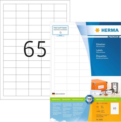 HERMA 4606 Universal Etiketten, 200 Blatt, 38,1 x 21,2 mm, 65 pro A4 Bogen, 13000 Stü