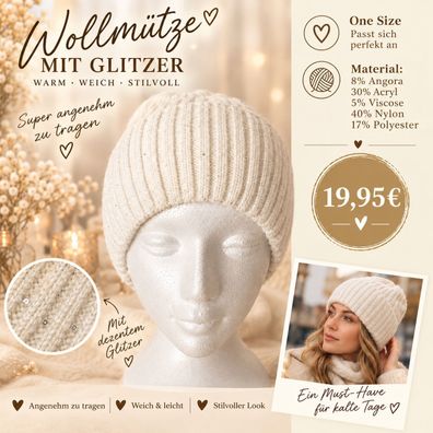Wollmütze mit Glitzer und Angorawolle Anteil
