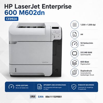 HP LaserJet Enterprise 600 M602dn (CE992A) 1.200 x 1.200 dpi A4 52 Seiten/min (s