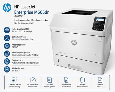 HP LaserJet Enterprise M605dn (E6B70A) 1.200 x 1.200 dpi A4 55 Seiten/min (s/w)