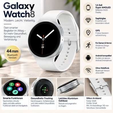 Samsung Galaxy Watch8 44mm Bluetooth Silver - Wie Neu