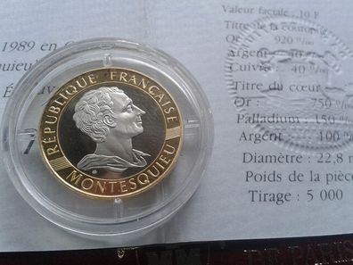 10 Francs 1989 PP Frankreich Montesqieu 12g Gold Palladium Silber Staatsrechtler