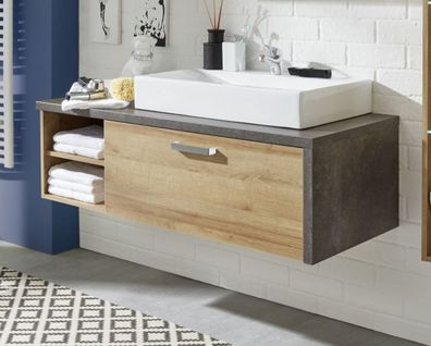 Waschtisch Waschbeckenunterschrank in Eiche Riviera Honig und Beton grau Design