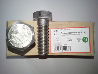 ISO4014 M24x 70 Edelstahl A2 Sechskantschraube mit Schaft (DIN 931) 2 Stk
