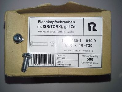 ISO 7380 Flachkopfschrauben Linsenschr. T-30 10.9. vz. M 6x16 50 Stk