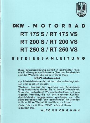 Betriebsanleitung DKW-Motorrad RT 175 S / RT 175 VS RT 200 S / RT 200 VS RT 250 S / R