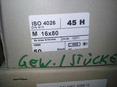 ISO4026 45H M16x80 VZ Gewindestift mit Kegelkuppe Innensechskant (DIN 913) 25 Stk