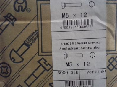 DIN 933 Sechskantschrauben M5 x 12, 8.8 galvanisch verzinkt black 200 Stück