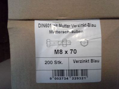 DIN 601 Sechskantschrauben mit Mutter, Verzinkt M8 x 70 20 Stk