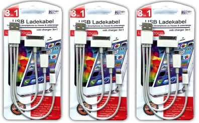 3x Ladekabel 3in1 micro USB l iPhone 4/5/6 | Samsung S6 S5 S4 S3 HTC LG SONY