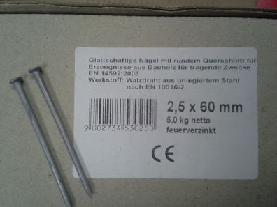 Senkkopfnägel Drahtstifte Nägel Senkkopfstifte Stahl verzinkt 2,5 x 60 2,5 Kg