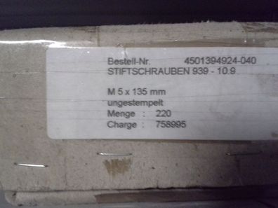 DIN 939 Stiftschraube M5x135 Stahl 10.9 Verzinkt 10 Stück
