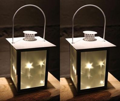 2er Set LED Laterne 3D Holografie Sterne | Aus Metall mit Glas-Einsätzen | 5 LED