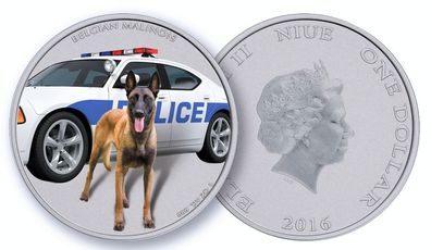 Niue 1 Oz Silber Belgian Malinois 2016 Farbe im Etui Polizeihund * DIESEL* POLICE DOG