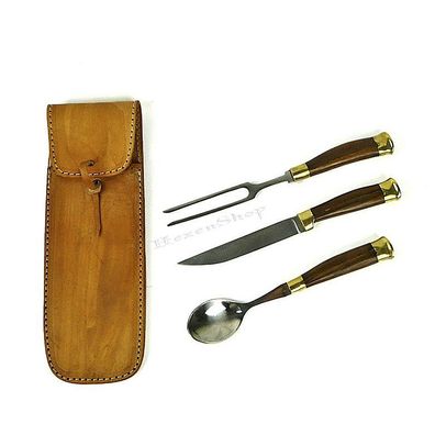 3-teiliges Besteck mit Lederetui - Mittelalter Essbesteck Löffel Messer Gabel
