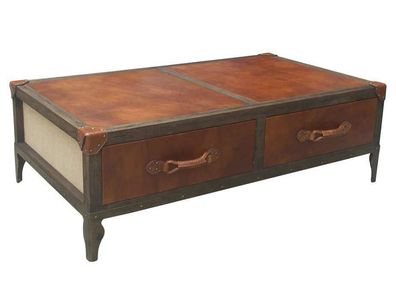 Couchtisch Auburn Vintage Leder Leinen 2 Schubladen Wohnzimmer Möbel Tisch NEU