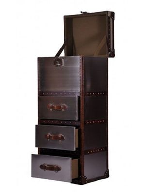 Schranktruhe Suitcase Vintage Leder Alu Holz Aluminium Truhe Schrank braun NEU