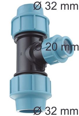 PE Rohr Verteiler T-Stück Red Reduzier 32 mm auf 20 mm Klemmring Fittings Wasser