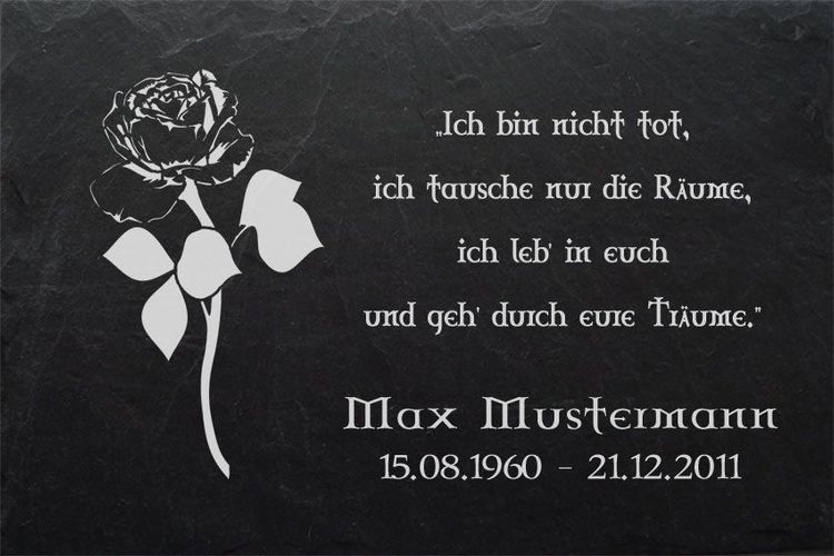 Grabstein Schiefer Stein Grab Tafel mit Rose-002 @ MIT IHREM TEXT @ 50 x 30 cm