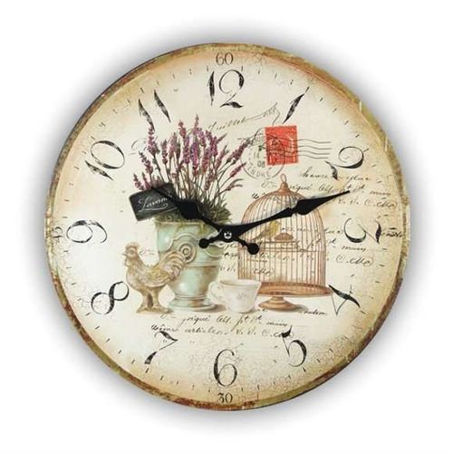 Wanduhr Uhr MDF Holz Antik Stil 32 cm Lavendel Vogel Käfig Hahn 