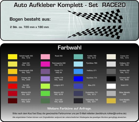 RACE20 Autoaufkleber Cartattoo Racing Zielflagge Streifen Folie viele  Farben Set kaufen bei