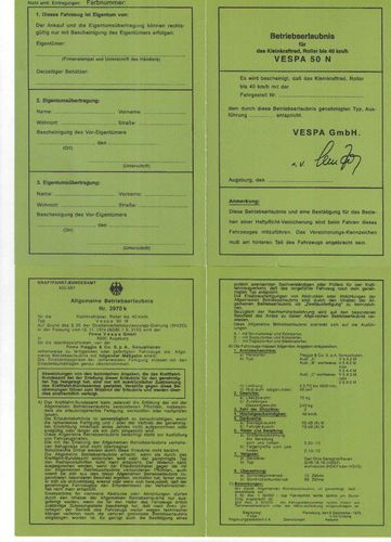Vespa 50 N ABE Betriebserlaubnis auf Originalpapier 