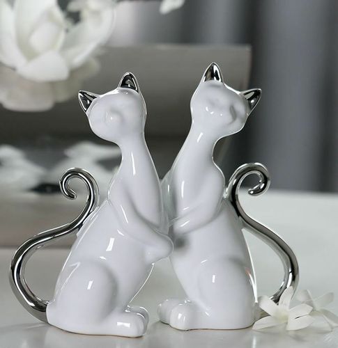 46124 Figur Katze Milly Keramik weiß glasiert mit silbernem Schwanz und Ohren 