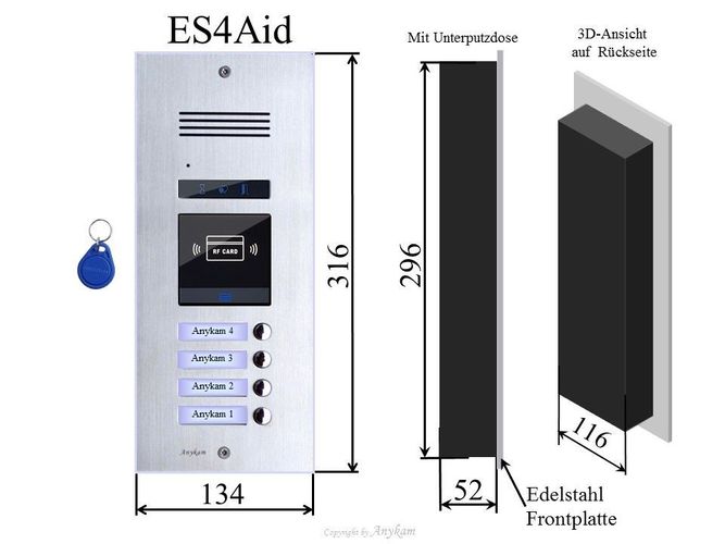 Gegensprechanlage RFID Türsprechanlagen Klingelanlage 4 Wohnungen ES4Aid DJ4A 