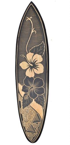 Deko Surfboard Gecko 100cm mit Tribal Blumen Motiv Hartholz Südsee Maui 