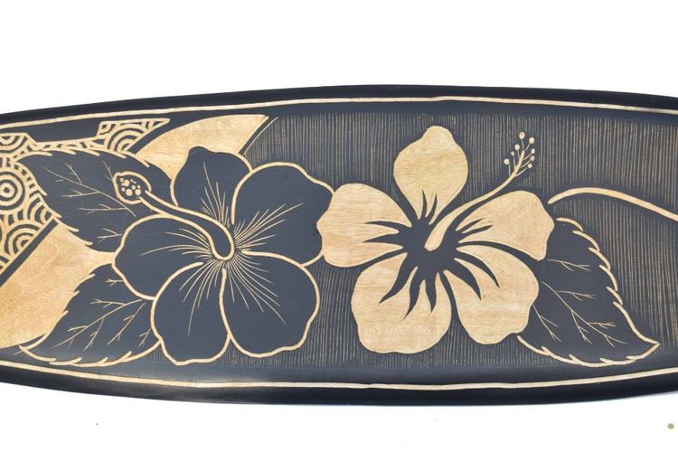 Deko Surfboard aus Hartholz 100cm mit Hibiskus Motiv Surfbrett Hangboard Blumen 