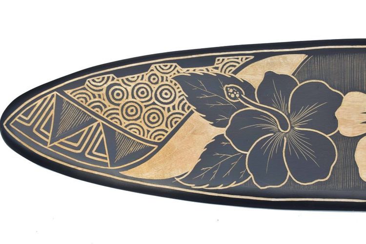 Deko Surfboard aus Hartholz 100cm mit Hibiskus Motiv Surfbrett Hangboard Blumen 