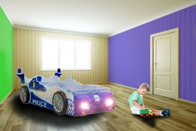 Kinderbett Polizei-PKW mit Matratze, Lattenrost und blauem Design
