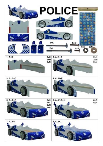 Kinderbett Polizei-PKW mit Matratze, Lattenrost und blauem Design