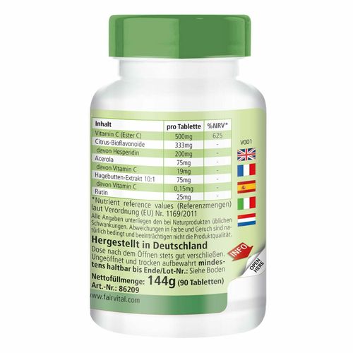 Tabletten mit Rutin Acerola HagebuttenVEGANfairvital Ester C Komplex 90 