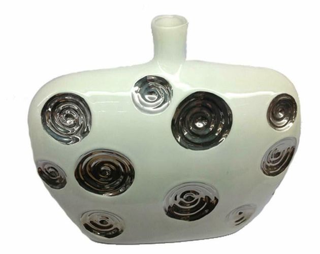 Dekovase Vase Blumenvase 27 cm Hoch Deko Modern Design Keramik Weiß Silber 