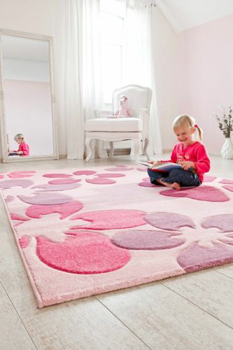 Kinderteppich Kinderzimmer Spielteppich Kurzflor Motiv Blumen In Pink Lila