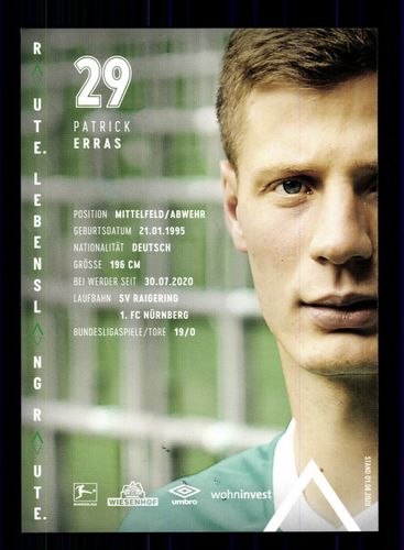 SV Werder Bremen Original Autogrammkarte 2020/2021 AK2021050 Patrick Erras 