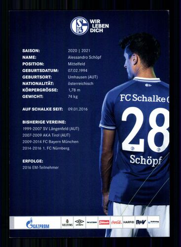 Autogrammkarte 2020/2021 Alessandro Schöpf FC Schalke 04 AK2021018 + 