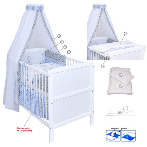 Babybett Kinderbett 140×70 Weiß Bettwäsche Komplett Wickelbrett Wickelauflage 
