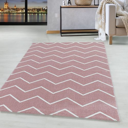 Kurzflor Teppich Rosa Grau Muster Modern Design Wellen Linien Wohnteppich Weich 