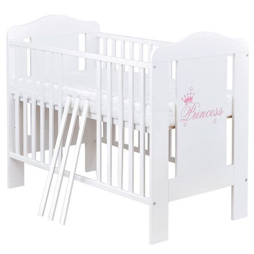 Babybett Kinderbett Weiß 120×60 Bettwäsche mit Stickerei Princess Schublade