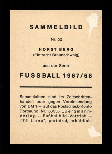A 101310 Horst Berg Eintracht Braunschweig 1968-69 Bergmann Sammelbild Orig Sig