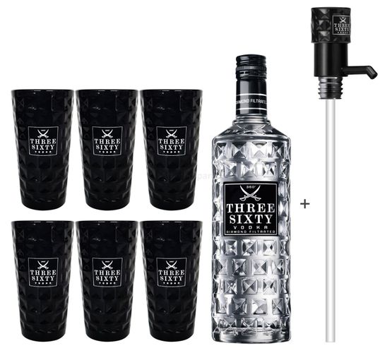 Three Sixty Vodka 3L (37,5% Vol) + Pumpe + 6x Black Longdrink Gläser eckig  schw kaufen bei