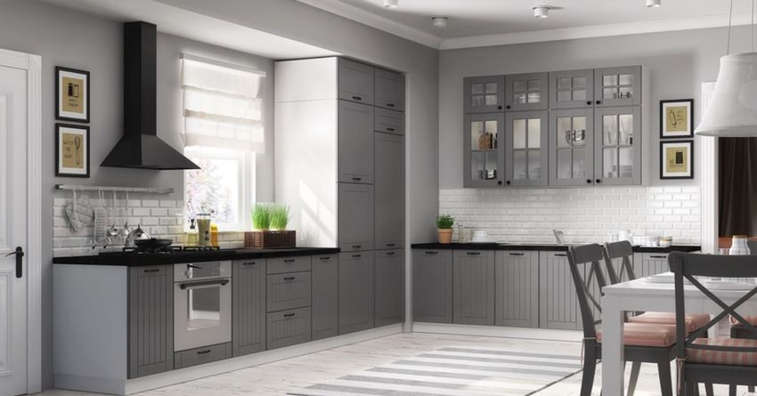 Küche Küchenzeile Landhaus grau weiß Lamelle individuell stellbar Eckküche L 