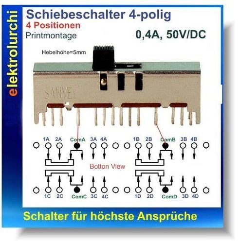Schiebeschalter 2-polig 1St. Print Hebel /Metall 8mm gerade SS-24D01 4-Pos. 